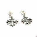 Boucles d'oreilles type bouche-trous pendants croix occitane en argent massif