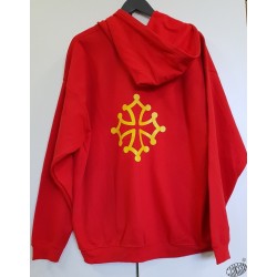 Sweat rouge capuche et zip croix occitane