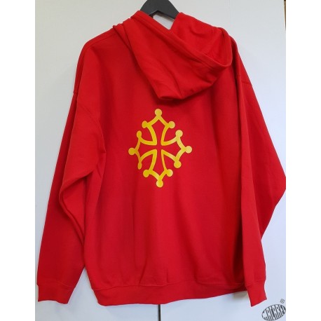 Sweat rouge capuche et zip croix occitane