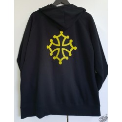 Sweat à capuche et zip marine ou noir à croix occitane jaune