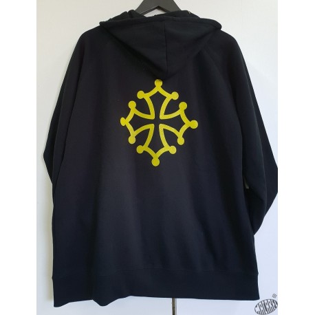 Sweat à capuche et zip bleu marine à croix occitane jaune