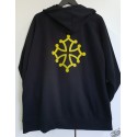 Sweat à capuche et zip marine ou noir à croix occitane jaune