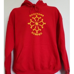 Sweat rouge au couleur de l'occitanie capuche Occitans sempre croix occitane