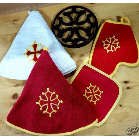 lot essuie-mains rond croix + gant + manique + dessous-de-plat croix occitane