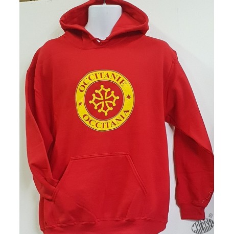 Sweat capuche rouge avec croix occitane tampon Occitanie - Occitània