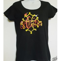 T-shirt Femme Occitana col rond coloris noir motif rouge et jaune