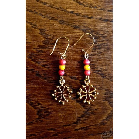 Boucles d'oreilles croix occitane 3 perles petit modèle