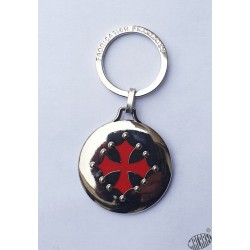 Porte-clés rond argenté brillant croix occitane