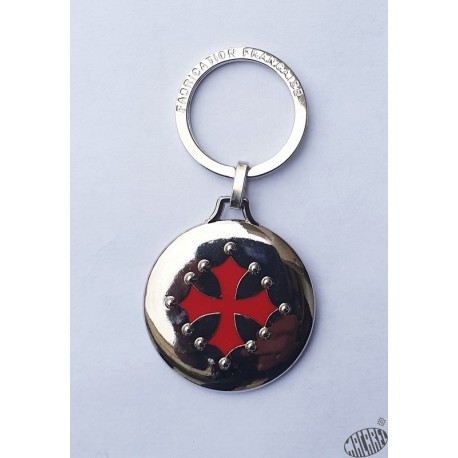 Porte-clés rond argenté brillant croix occitane