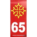 Autocollant plaque immatriculation 65 rouge et croix occitane