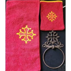 Lot serviette de toilette+ gant +porte-serviette fonte avec croix occitane
