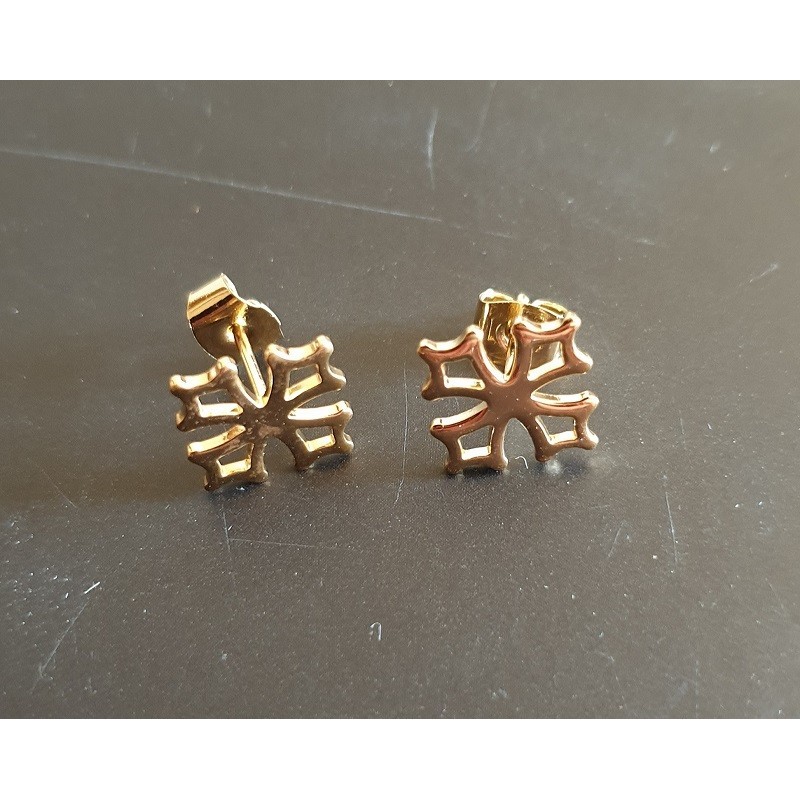 Boucles d'oreilles croix occitane type bouche-trou ou puce, en plaqué or