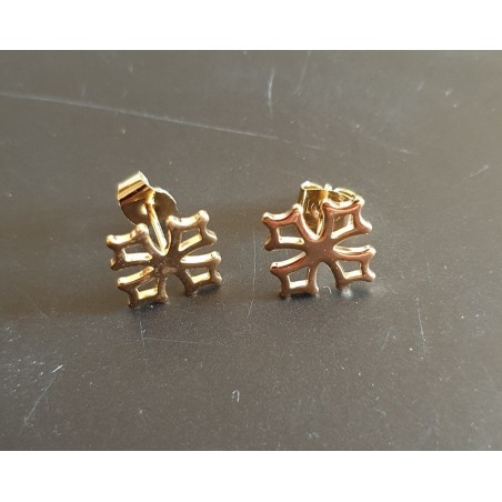 Boucles d'oreilles croix occitane type bouche-trou ou puce, en plaqué or