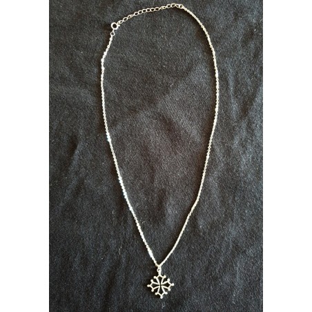 Collier croix occitane métal argenté et chaîne acier