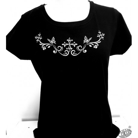 T-shirt Femme noir Croix occitane aux papillons