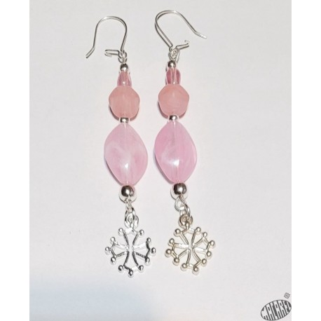 Boucles d'oreilles croix occitane quartz rose et pierre naturelle