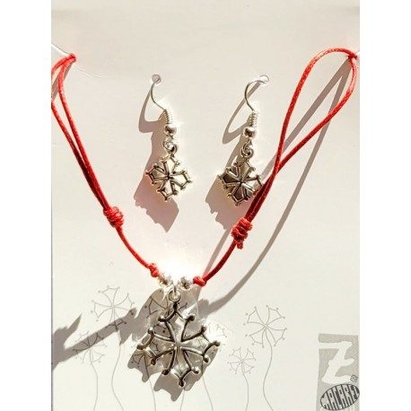 Collier rouge et boucles d'oreilles croix occitane