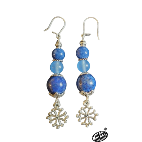 Boucles d'oreilles bleu granité et croix occitane