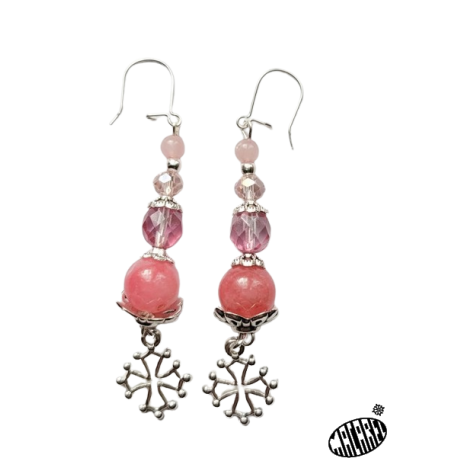 Boucles d'oreilles Rose princesse et croix occitane