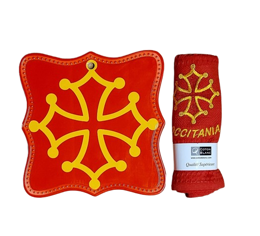 Lot dessous-de-plat et torchon nid d'abeille croix occitane