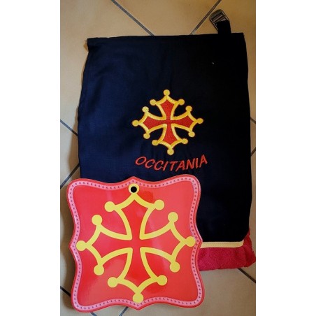 Lot tablier cuisine avec torchon intégré et dessous de plat faience croix occitane