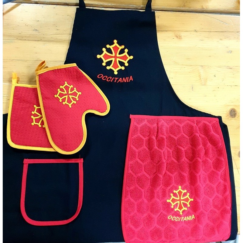 Lot tablier cuisine croix occitane avec torchon + gant + manique