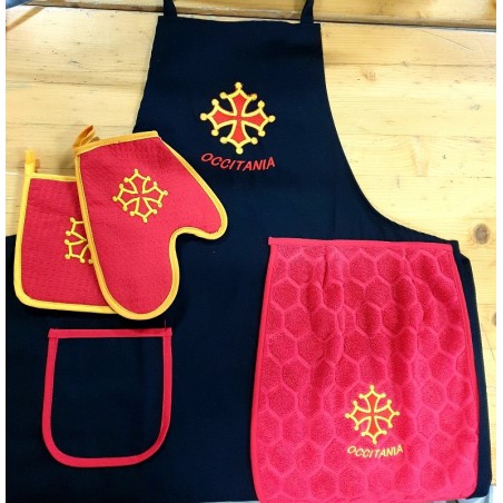 Lot tablier cuisine croix occitane avec torchon + gant + manique